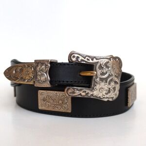 Olga Santini Western Italian Black Leather & Floral Embossed Silver Belt